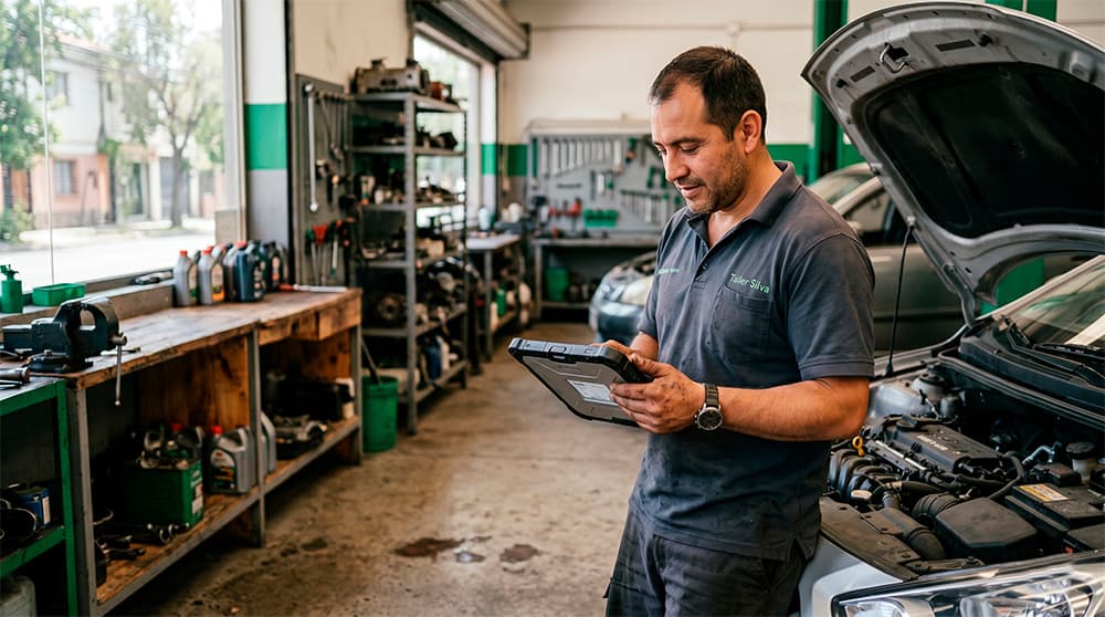 Mecánico chileno en su taller consultando repuestos en tablet
